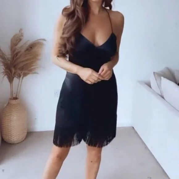 ZARA  Black Fringed Slip Dress New - Picture 1 of 7